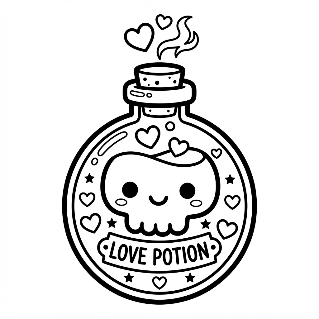 Cute skull bottle with hearts, perfect for bold line coloring pages and easy color-in pages wide lines.